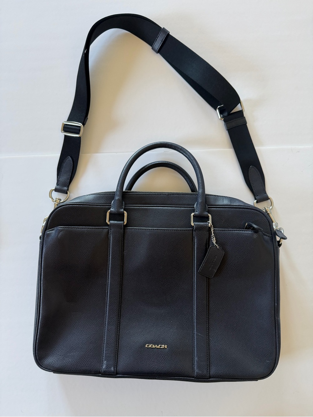 Coach Navy Leather Briefcase with Adjustable Shoulder Strap - Men's Work Bag